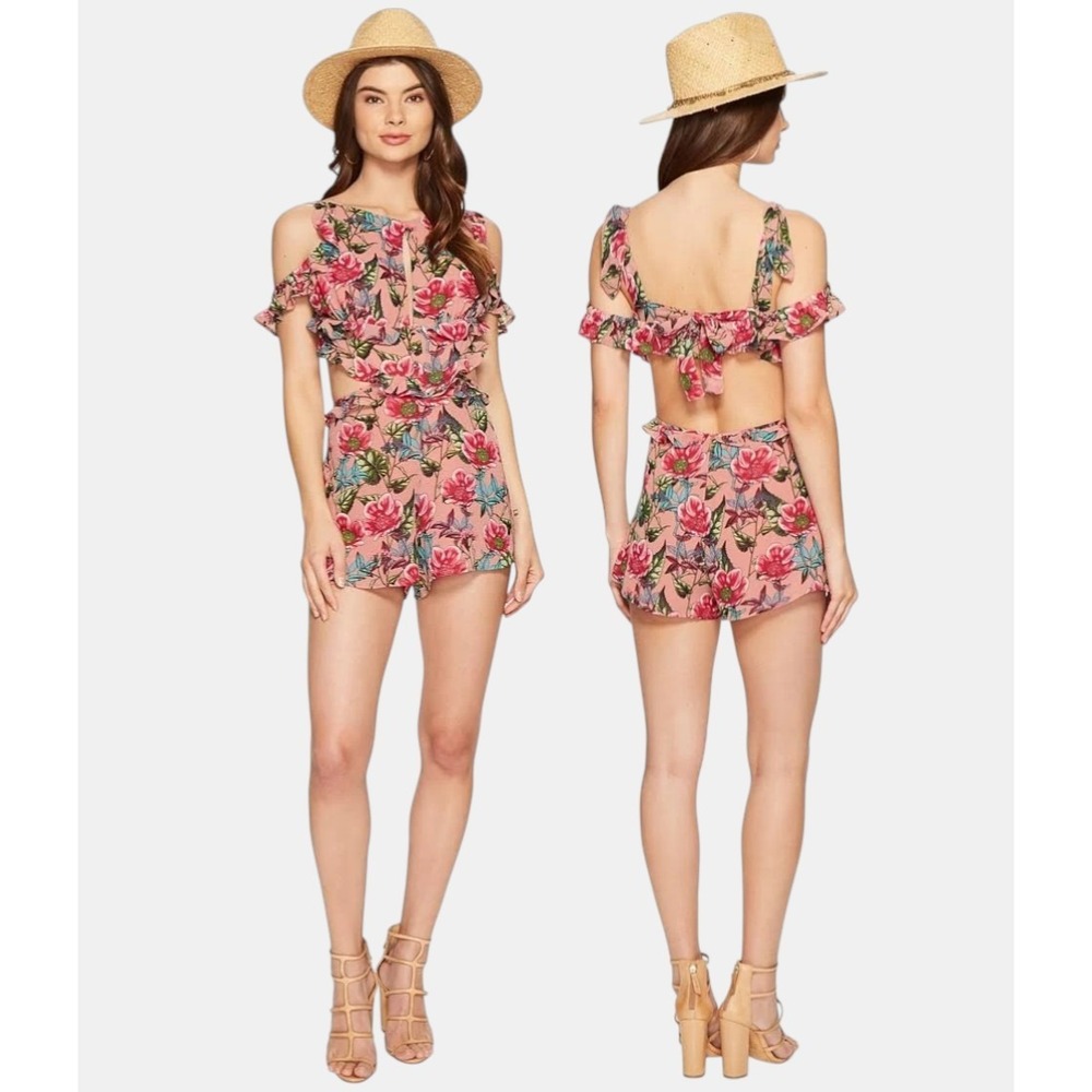 For Love & Lemons Churro Romper Pink Floral Ruffle Tieโ Back Mini Lined Sz S